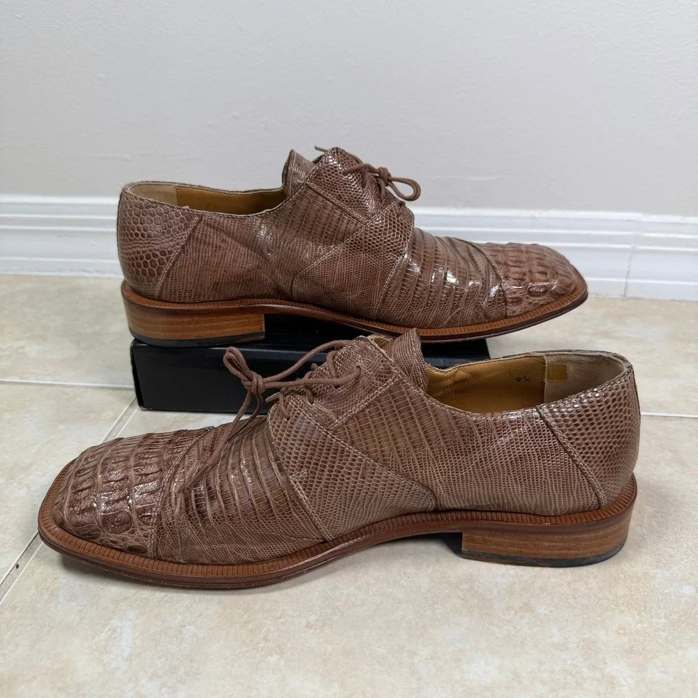 David Eden Oxford Shoes Mens 9.5 Brown Hornback Caiman Lizard Exotic Square Toe